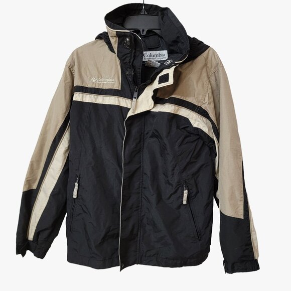Columbia Youth Windbreaker Jacket Black & Beige Color Block Size 14/16 With Hood - Picture 1 of 9
